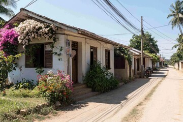 Obraz premium Building exterior with flora; warm colors and natural lighting, for travel planning