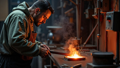 Blacksmith shaping metal with intense focus, sparks flying, in a workshop with warm lighting highlighting the craftsmanship