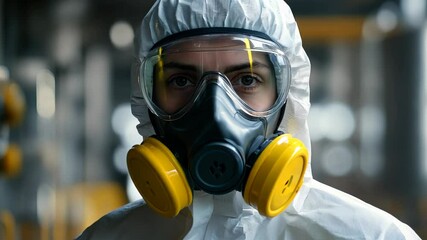 A worker dressed in a protective suit and respirator stands attentively in an industrial setting. The environment is filled with equipment, emphasizing safety measures against hazards