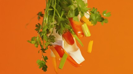 Fresh, colorful vegetables and herbs falling against an orange backdrop.