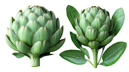 Fresh Artichokes Duo: Displaying two vibrant green artichokes, presenting their complex, layered structure with lush leaves, representing culinary elegance and natural freshness.