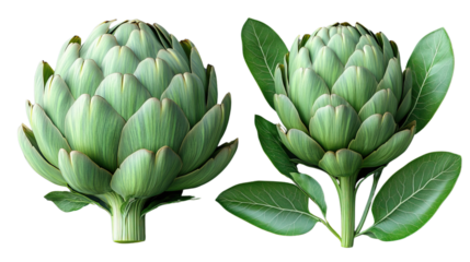 Fresh Artichokes Duo: Displaying two vibrant green artichokes, presenting their complex, layered structure with lush leaves, representing culinary elegance and natural freshness.