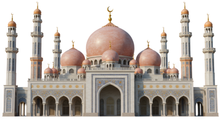 Grand Ornate Islamic Mosque Architectural Rendering with Rose-Pink Dome
