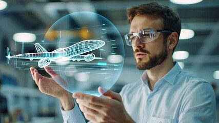 Engineer analyzing holographic airplane model in modern office with colleagues in background