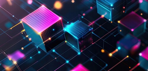 Abstract digital network of glowing cubes