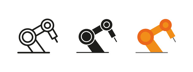 Robotic arm icon. Industrial automation vector illustration. Mechanical machinery and assembly process symbol. Engineering, factory production and technology concept. Manufacturing pictogram.