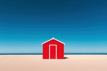Beach Hut Red structure on sand, ocean view, blue sky, travel, holiday, serene