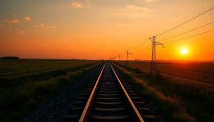 Obraz premium Railroad Tracks Leading to Sunset in Rural Landscape Scenery