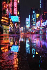 Neon lights reflect on a wet city street.