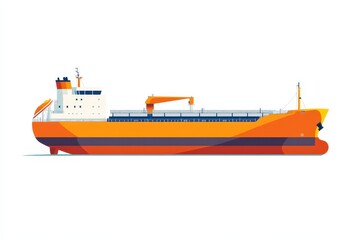 Vibrant Orange Cargo Ship Illustration in Flat Design Style