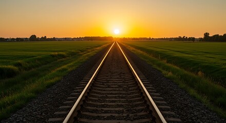 Fototapeta premium Railroad Tracks Leading to Horizon at Sunset with Golden Light