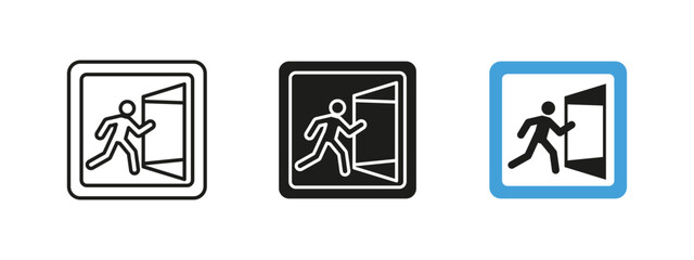 Exit icon. Emergency escape vector illustration. Safety sign for evacuation routes. Directional guide for public buildings, security and hazard warning pictogram.