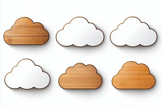 Six Wooden and White Cloud Shaped Signs on White Background