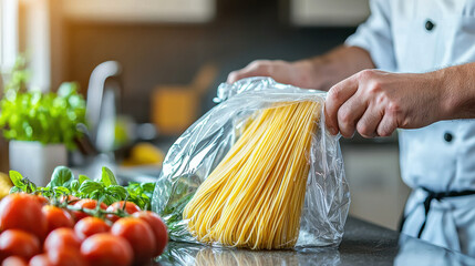 Chef preparing spaghetti in modern kitchen, surrounded by fresh ingredients like tomatoes and herbs, showcasing culinary skills and passion for cooking