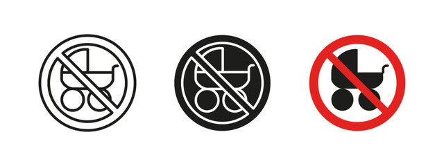 No stroller icon. Baby carriage restriction vector illustration. Prohibited pram sign for pedestrian areas and restricted zones. Safety and public space regulation pictogram.
