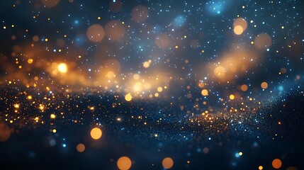 Obraz premium A cosmic sea of shimmering gold and blue stardust, a breathtaking celestial dance of light and wonder with bokeh effects and a dark background.