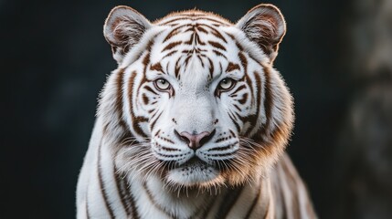 Naklejka premium Majestic white tiger gazing intently, showcasing its striking features against a dark, blurred background