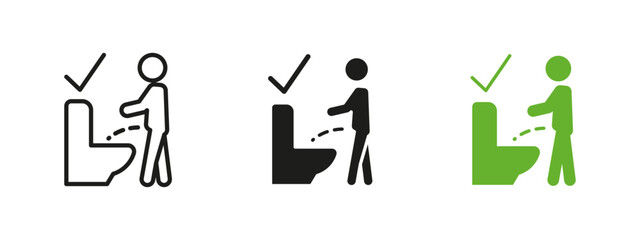 Proper toilet usage icon. Restroom hygiene instruction vector illustration. Correct urination etiquette sign for public and private facilities. Cleanliness pictogram for proper restroom behavior.