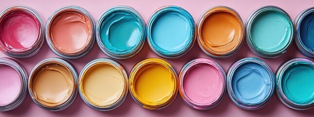 Paint Cans and Brushes on Multicolor Background Top View Minimalist Design
