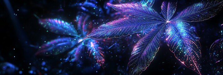 Vibrant cannabis leaves abstract background digital art cosmic environment close-up view ganja symbolism