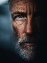 Obraz premium Close-up portrait of a man's face. the man has a serious expression with his eyes looking directly at the camera. his face is slightly tilted to the side, and his eyebrows are furrowed.