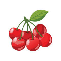 Obraz premium A bunch of fresh, ripe red cherries with green leaves.