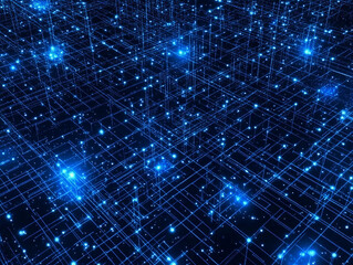 Abstract digital landscape with glowing blue lines and particles creating a futuristic grid
