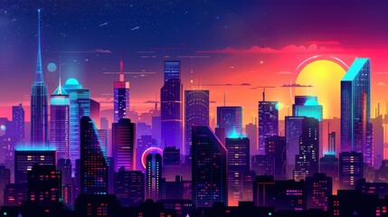 Vibrant city skyline at sunset with futuristic neon light accents and artistic rendition