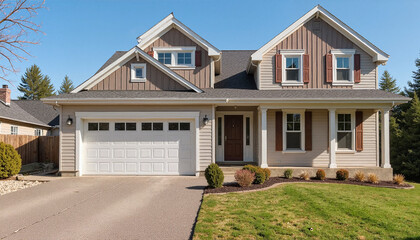 Modern suburban house with landscaped yard against clear skies  