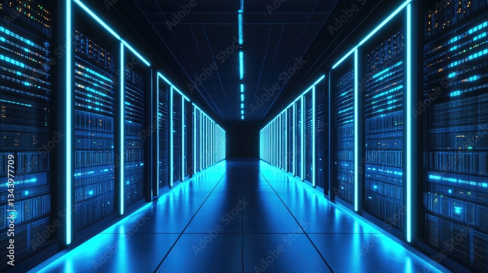 Poster Advanced data center corridor with glowing blue-lit server racks, representing high-tech computing, cybersecurity, and cloud infrastructure. Ideal for digital technology concepts