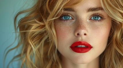 Fototapeta premium Striking beauty portrait of a young woman with vibrant red lipstick and blonde hair