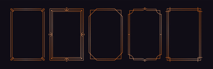 Golden frame set. Minimalistic gold frames and borders for text and photo, art deco line modern elegant decorative elements. Vector luxury graphic collection