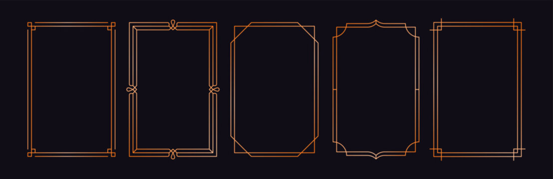Golden frame set. Minimalistic gold frames and borders for text and photo, art deco line modern elegant decorative elements. Vector luxury graphic collection