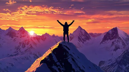 Climber reaches summit at sunrise, celebrating achievement in breathtaking mountain landscape