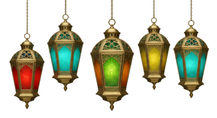 Vibrant Ramadan Lanterns with Ornate Gold Frames on Transparent Background