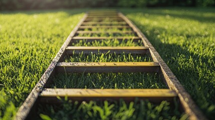 Wooden Ladder on Fresh Green Grass in Bright Sunlight Setting