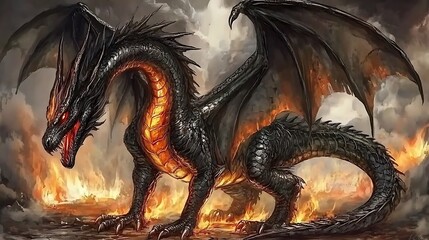 A fearsome black dragon standing in the midst of flames