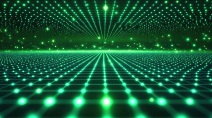 Abstract neon green digital matrix texture with scattered dots and a glowing cyber grid, ideal for technology-themed projects.