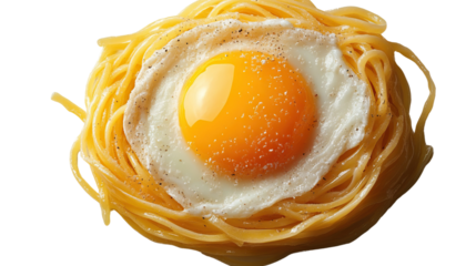 A Culinary Delight: A visually captivating image of a perfectly fried egg nestled within a bed of golden spaghetti, creating a harmonious fusion of flavors and textures.