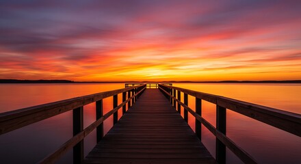 Obraz premium Wooden Pier Leads to Stunning Sunset Over Calm Lake Water