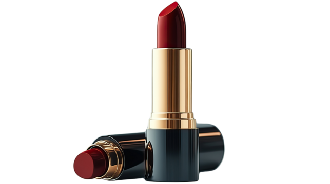 Ruby Red Lipstick: A captivating close-up of two lipstick tubes, one upright showcasing the rich ruby-red shade and the other slightly tilted. Perfect for beauty enthusiasts and makeup lovers. 