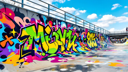 Vibrant graffiti artwork at the skate park with sunny skies above adding depth