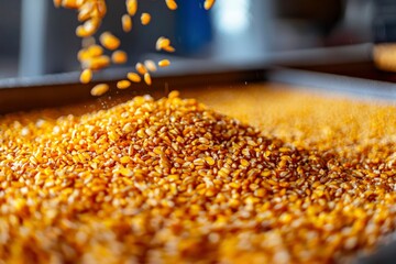 Corn kernels falling into pile, harvest, crop, grain, processing background, food uses