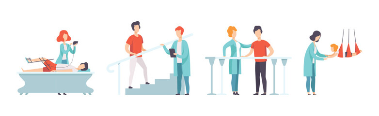 People Character in Orthopedic Therapy Rehabilitation with Therapists Vector Set