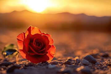 Single crimson rose in golden sunset desert