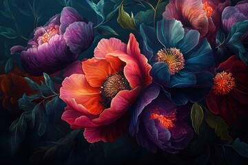 Vibrant Floral Arrangement Surreal Digital Painting Warm Colors Lush Flowers Dynamic Composition Botanical Art