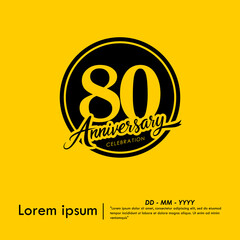 80th years anniversary celebration emblem. black anniversary logo isolated with handwriting and ribbon on yellow background. vector illustration template design for web, flyers, poster, greeting card	