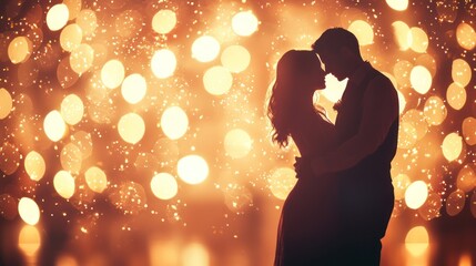 A romantic shot of a couple sharing their first dance at prom, with soft, glowing lights in the background.