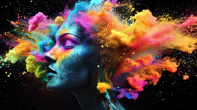 Bright colored powders burst around a female head performance in a black studio setting