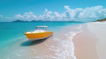 Obraz premium Bright yellow boat anchored on a serene beach with turquoise waters and clouds